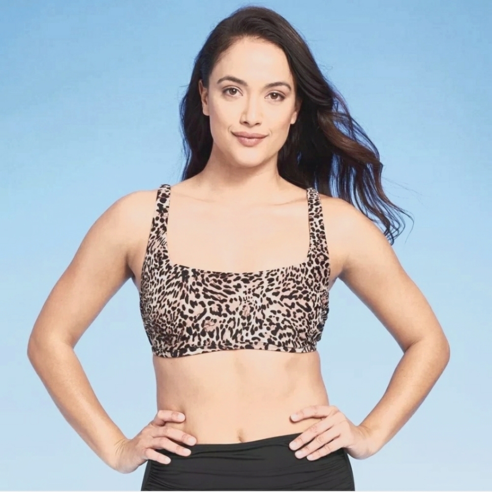 New!Kona Sol Leopard Print Square Neck Bikini Top Womens Small Animal Print Y2K